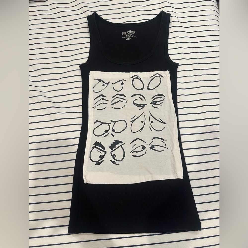 Old Navy Black Ribbed Tank with eye silk screen patch
